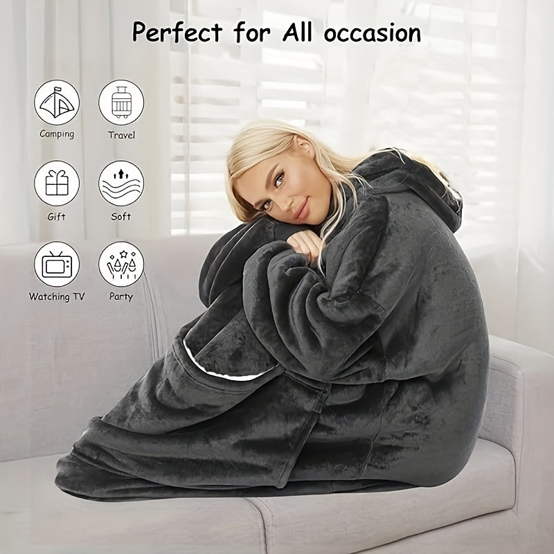 Black Flannel Hooded Blanket Reversible Large Pocket Cozy Indoor Outdoor