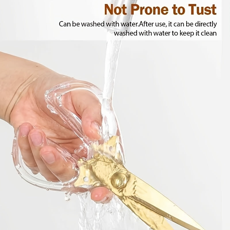 Zarif zanglamas po'latdan qilingan qaychi, oltin rangli qoplama va shaffof akril tutqich - oshxona, ofis va boshqa joylar uchun ko'p maqsadli qaychi, tovuq kesish, tikuvchilik va har kuni bajariladigan ishlar uchun ideal.