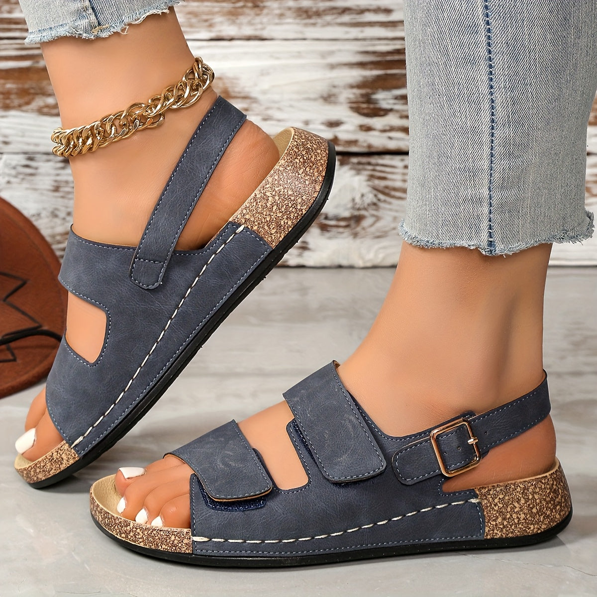 Women's Summer Sandals Open Toe Cushioned Dark Blue Cork Strappy