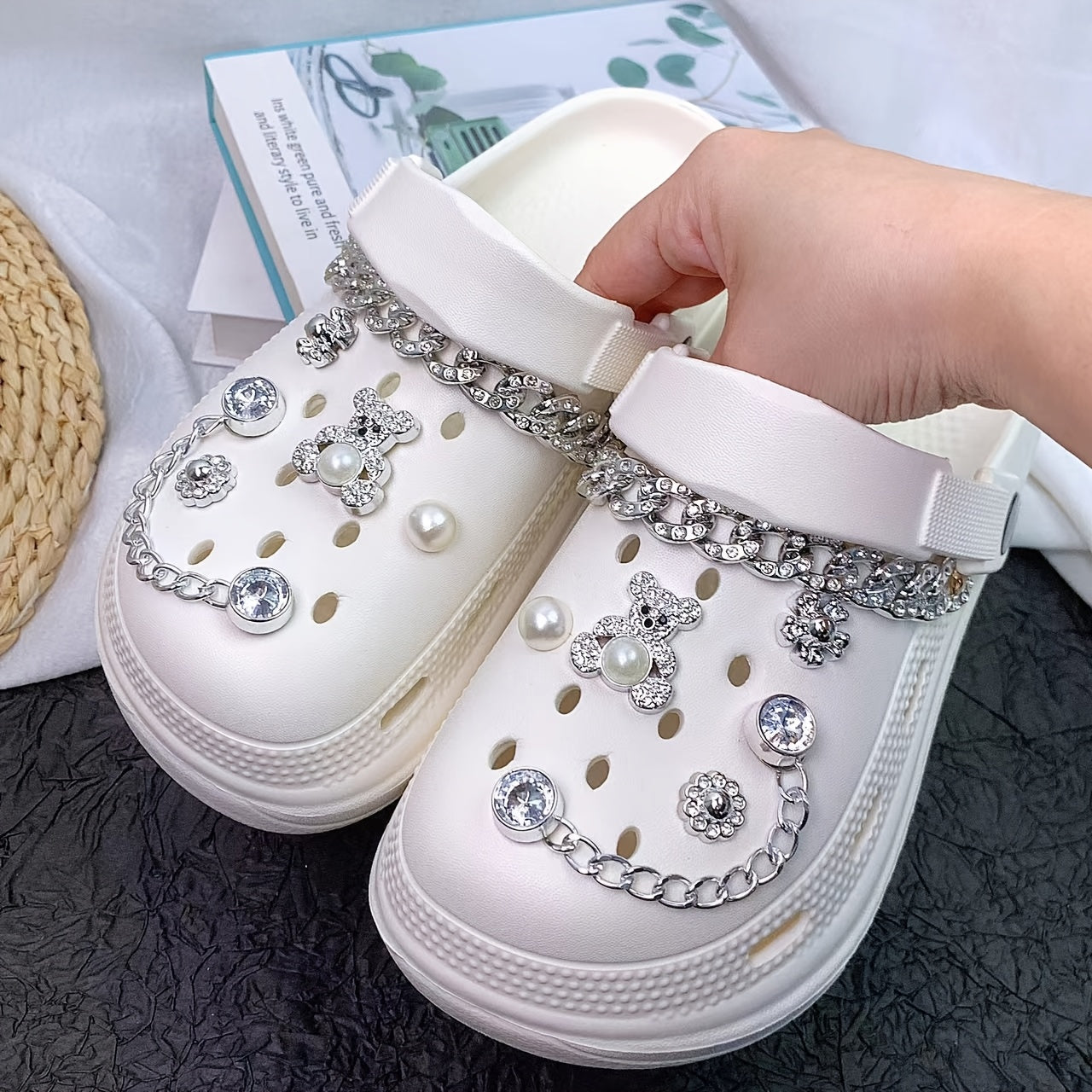 Women's EVA Hole Shoes Versatile Sandals with Rhinestone Chains and Sunflowers