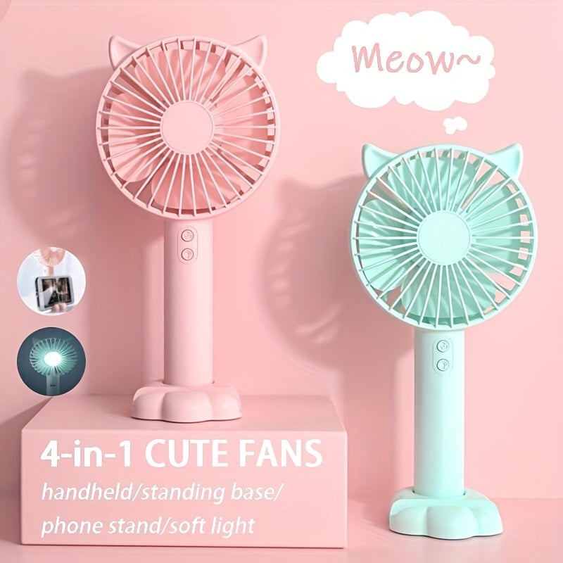 Compact USB Handheld Fan with Bunny Ears, Quiet Operation, Night Light