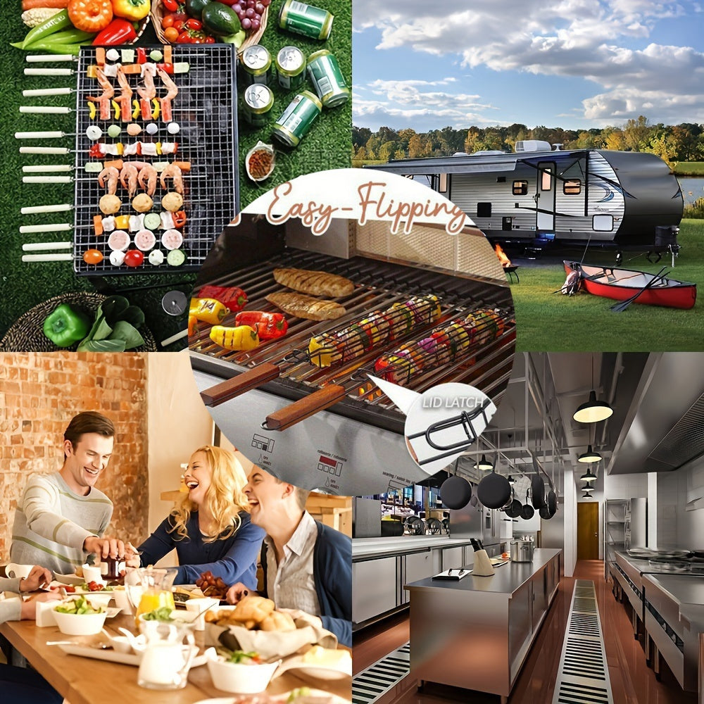 Heavy Duty Nonstick Steel BBQ Grill Basket with Flip Lid and Rosewood Handle 49cm