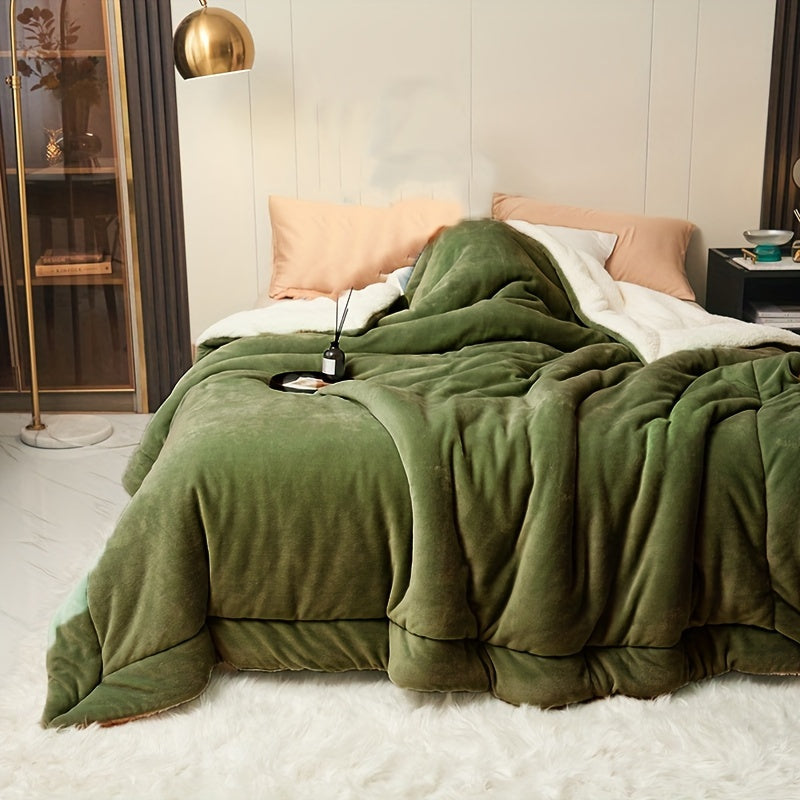 Double Layer Lamb Fleece Blanket Solid Military Green Casual Throw