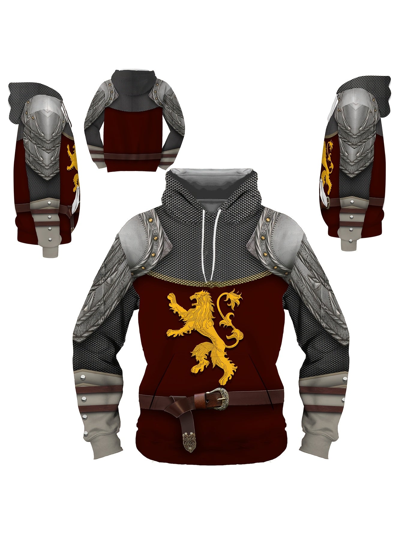 Men's Red Hoodie with Lion Shield Print Polyester Knit Casual Sports Fall Winter