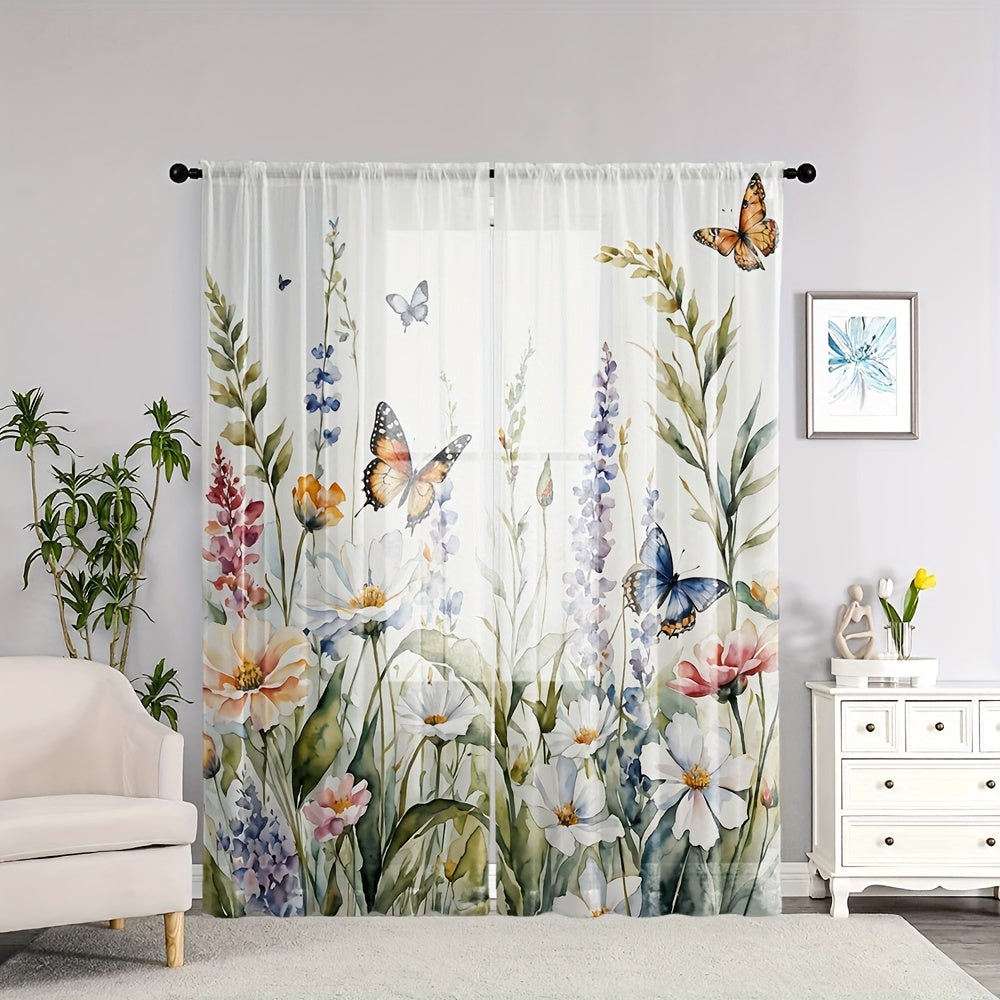 Cortinas de tul con estampado floral vibrante y mariposas para sala de estar o dormitorio poliéster semi-transparente
