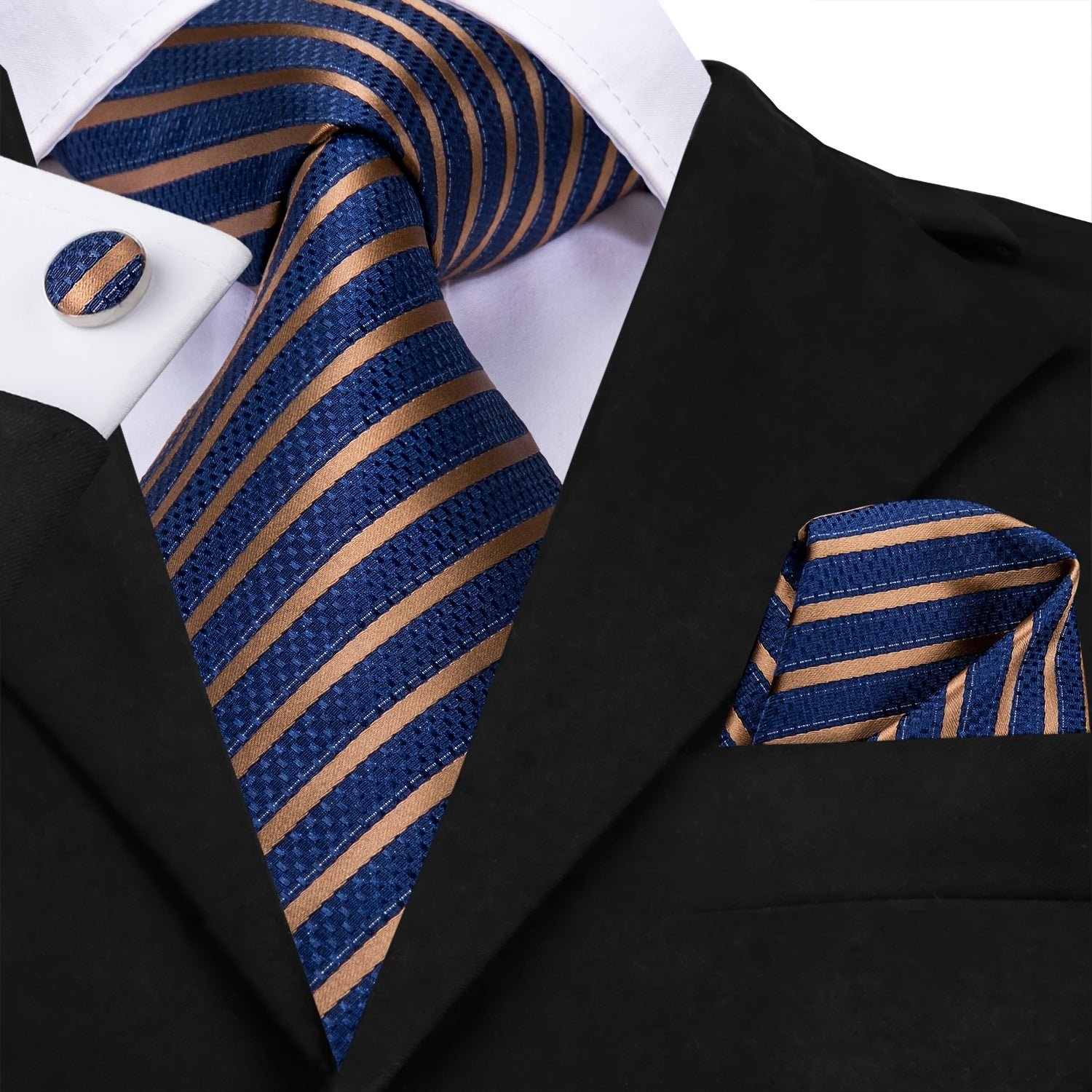 Striped Necktie Set with Cufflinks for Business, Parties, Weddings