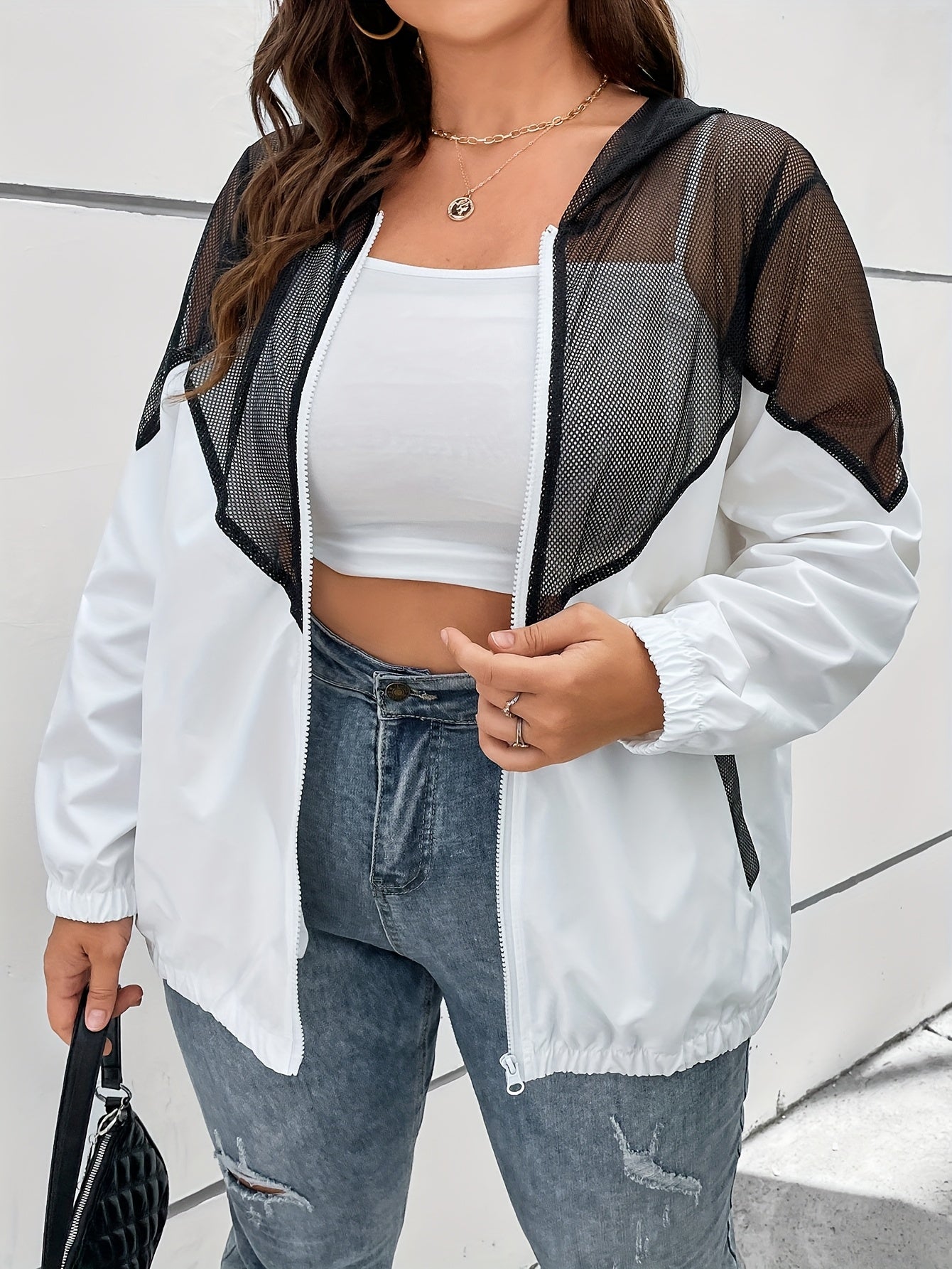 Plus Size Women's Contrast Color Block Mesh Hooded Long Sleeve Top Breathable Summer Blouse