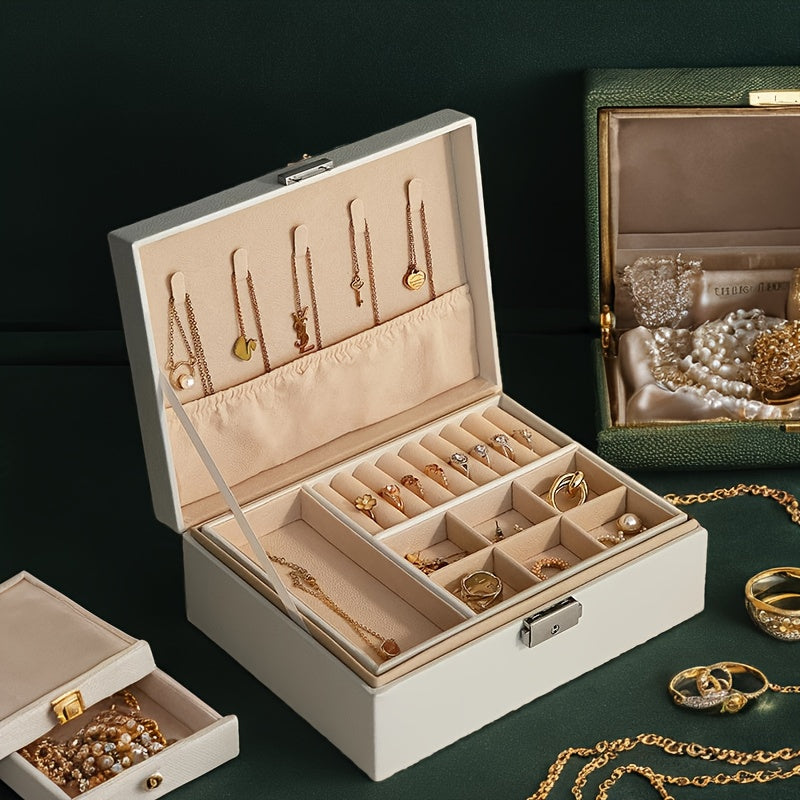 Yolgʻon charm bilan qulflangan ayollar aksessuarlari uchun ikki qavatli tashkilotchi bilan charm o‘ymakorlik qutisi