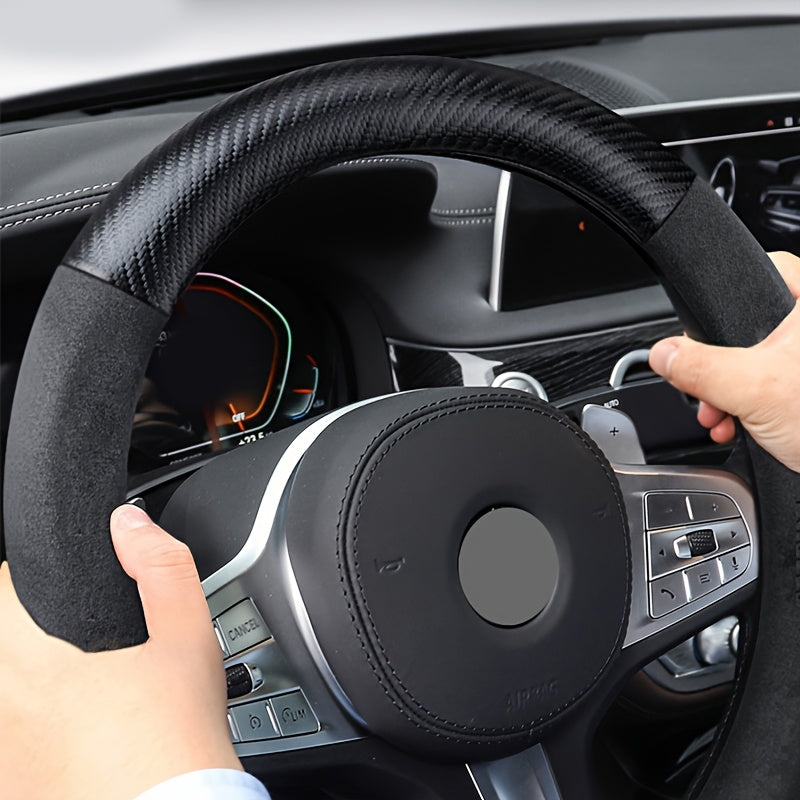 Car Steering Wheel Cover D-Shaped Carbon Fiber Texture Plush Fit 37-38.5cm