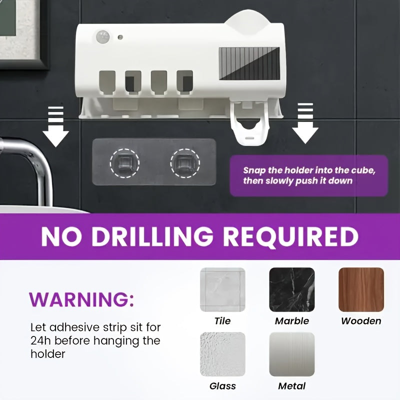 UV sterilizatsiyalovchi tish cho'tkasi ushlagichi va tish pastasi dispenseri, devorga o'rnatiladigan, aqlli dezinfektsiya, hammom aksessuarlari, burgusiz o'rnatish.