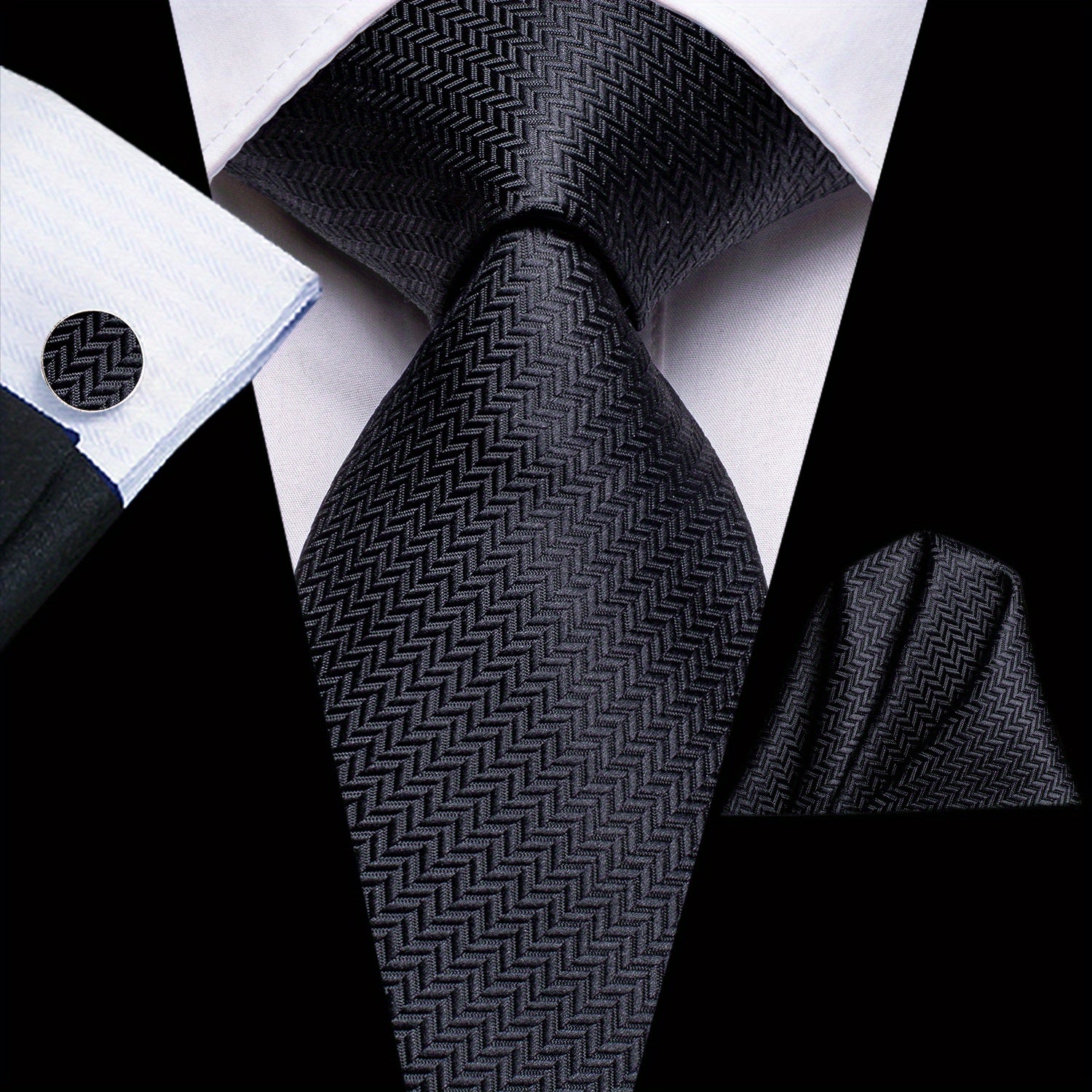 Men's Jacquard Woven Black Tie Set with Cufflinks and Hanky for Weddings and Business