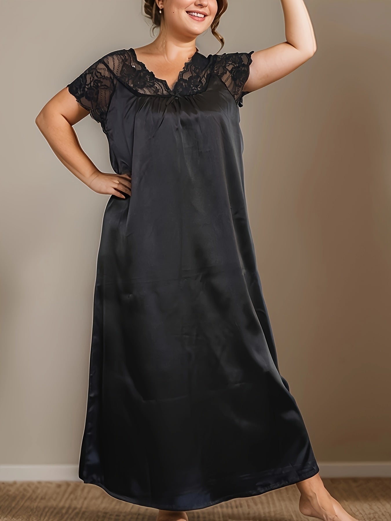 Plus Size Black Lace Trim V-Neck Nightdress for Sleep and Lounge