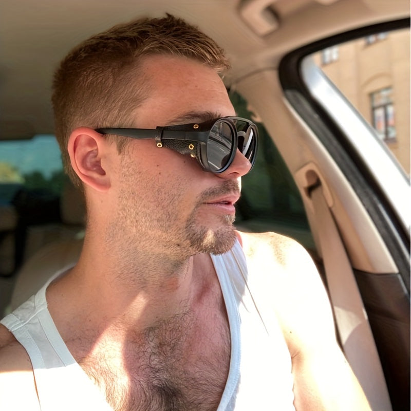 Retro Steampunk Round Sunglasses for Men and Women PU Leather Shields Double Bridge Outdoor Party Vacation Travel