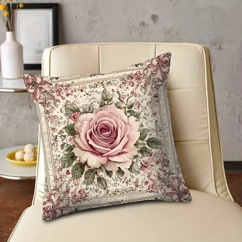 Vintage Rose gulli yostiq qopqog'i, Peach Skin velvet bilan ikki tomonlama, fermachilik dekoratsiyasi 18x18