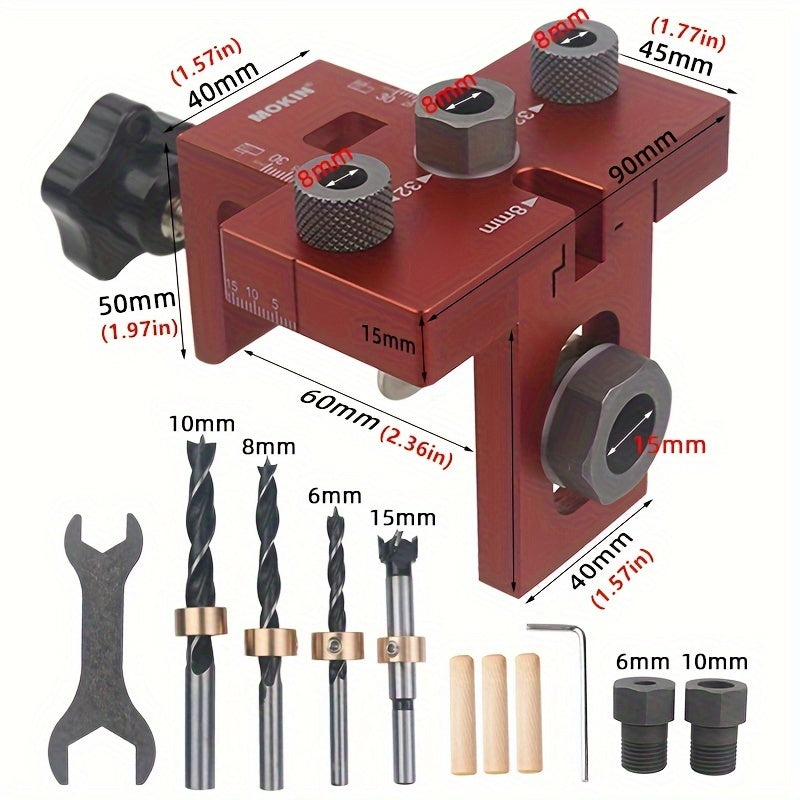 3-in-1 Woodworking Doweling Jig Kit Aluminum Metal Adjustable Drill Guide