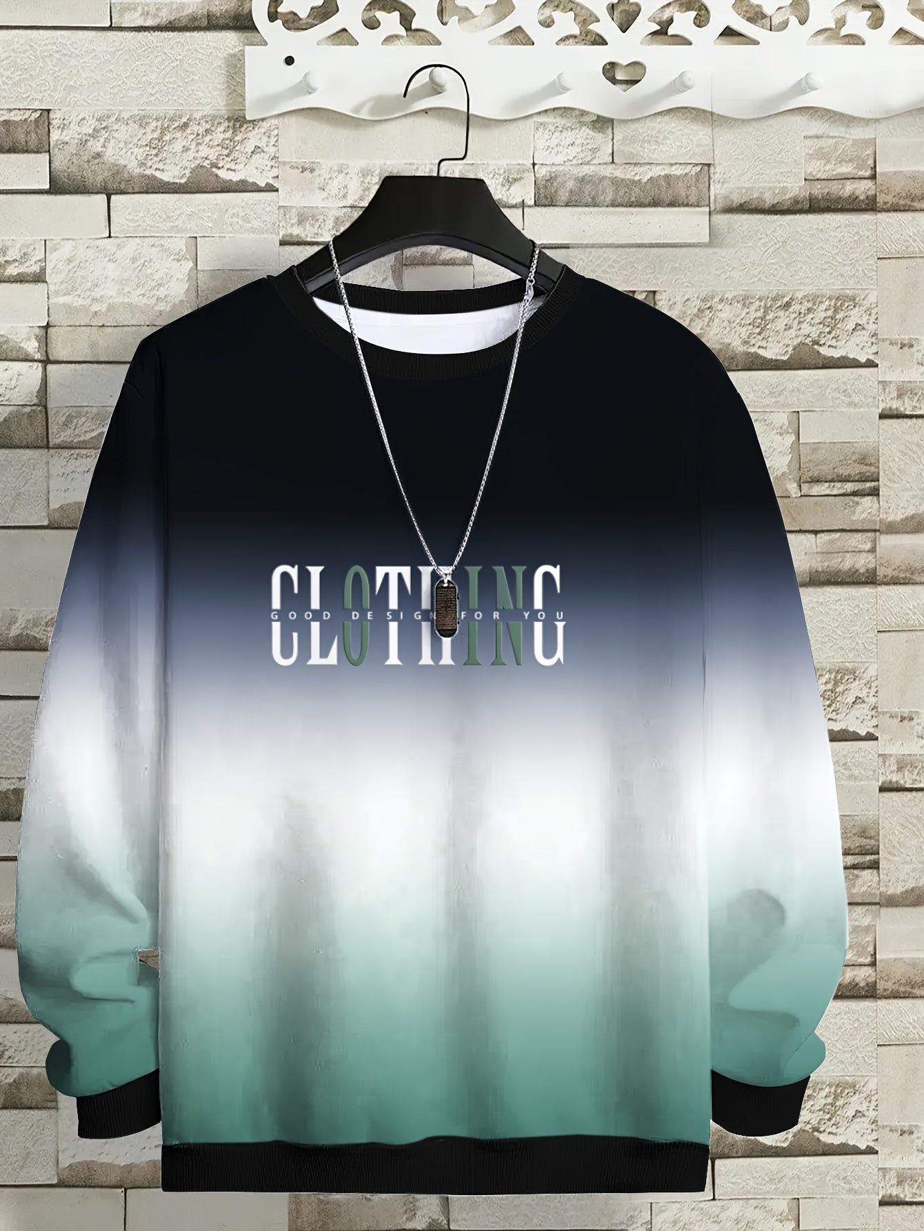 Men's Plus Size Gradient Fleece-Lined Sweatshirt with "Clothing" Print Polyester Stretch Casual Sports