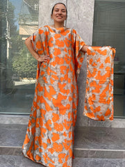 Women's Plus Size Floral Print Tunic Dress with Scarf Short Sleeve Casual Long Dress