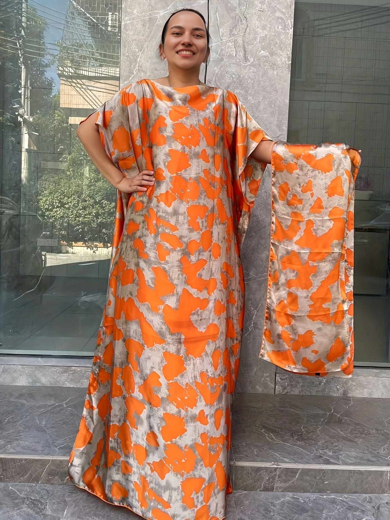 Women's Plus Size Floral Print Tunic Dress with Scarf Short Sleeve Casual Long Dress