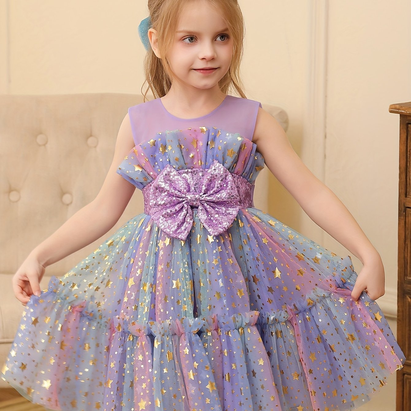 Girls Sequin Starry Sky Mesh Princess Dress with Bow for Birthday Parties