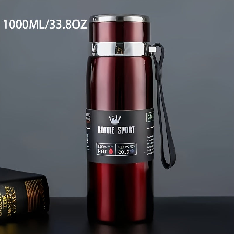Stainless Steel 1000ml Vacuum Insulated Water Bottle with Strap BPA-Free Keeps Hot Cold Sports Outdoor