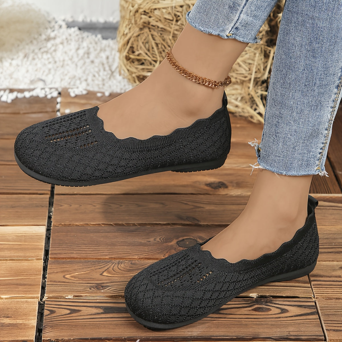 Women's Slip-On Flats Breathable Fabric Cushioned Insole Non-Slip Sole Black