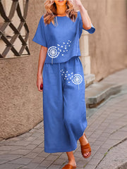Conjunto de pijama boho con estampado de diente de león para mujer, con top de manga corta y pantalones cortos de pierna ancha y largo cropped