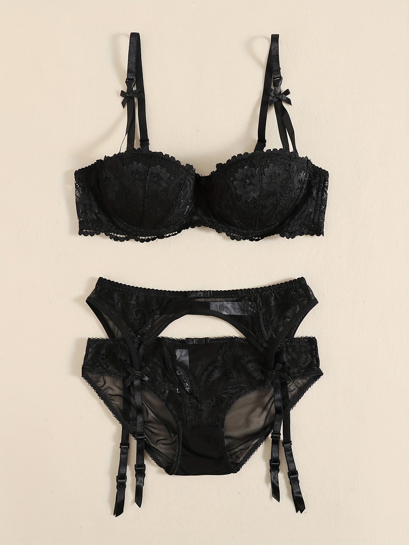 Women's Floral Lace Lingerie Set with Push-Up Balconette Bra and Matching Bikini Panties