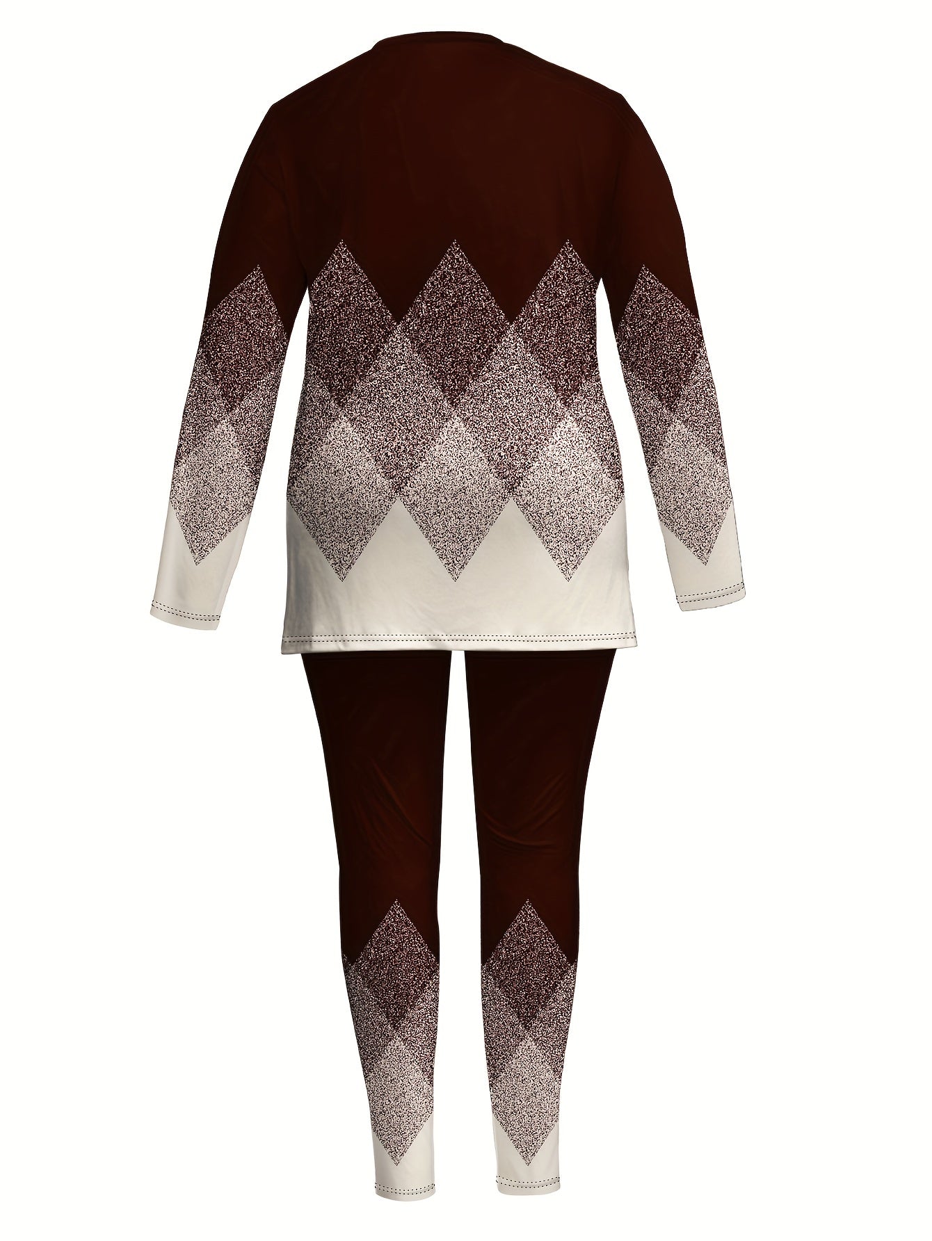 Zarif plitka naqshidagi plus size ikki qismli to'plam, uzun yengli ko'ylak va yon yirtilishi bo'lgan shimlar. Ayollar uchun tasodifiy kiyim.