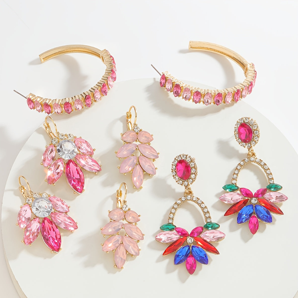 Pink Floral and Leaf Earrings with Rhinestones for Women Gold-Tone Zinc Alloy Jewelry