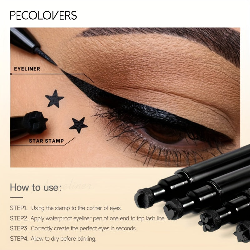 Women Liquid Eyeliner Pen Waterproof Double Head Moon Star Heart Flower Black Stamp