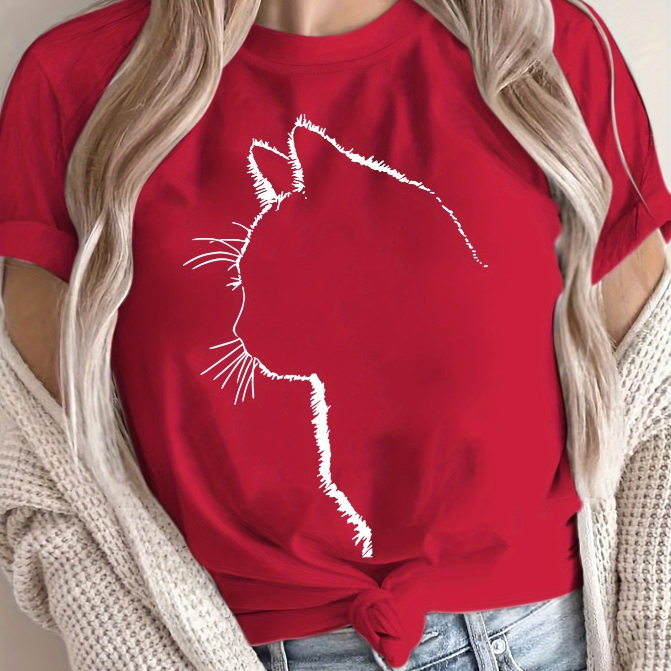 Women's Oversized Cotton Cat Graphic T-Shirt Casual Short Sleeve All-Season