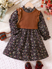 Girls Cotton Knit Vest and Floral Dress Set for Fall Winter
