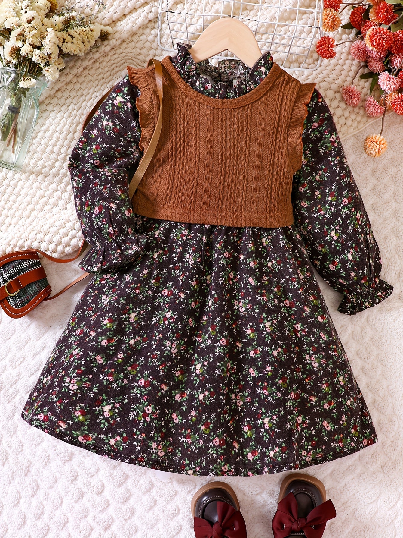 Girls Cotton Knit Vest and Floral Dress Set for Fall Winter