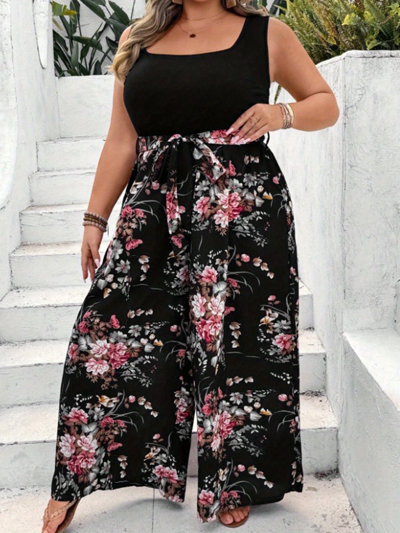 Women's Plus Size Floral Print Sleeveless Jumpsuit with Belt Black Pink White