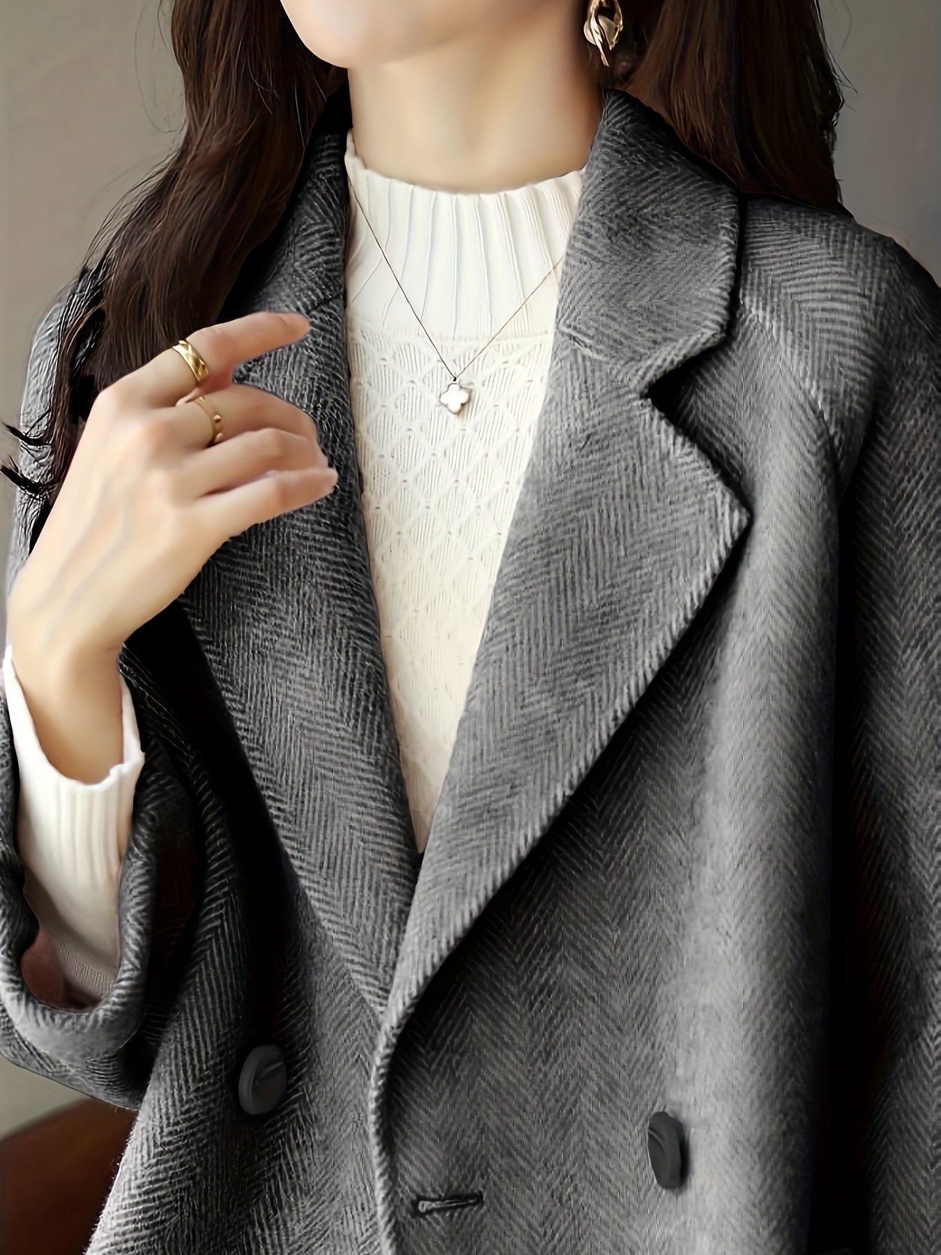 Women's Light Blue Striped Trench Coat with Pockets Long Sleeves Fall Winter Casual Textured Fabric