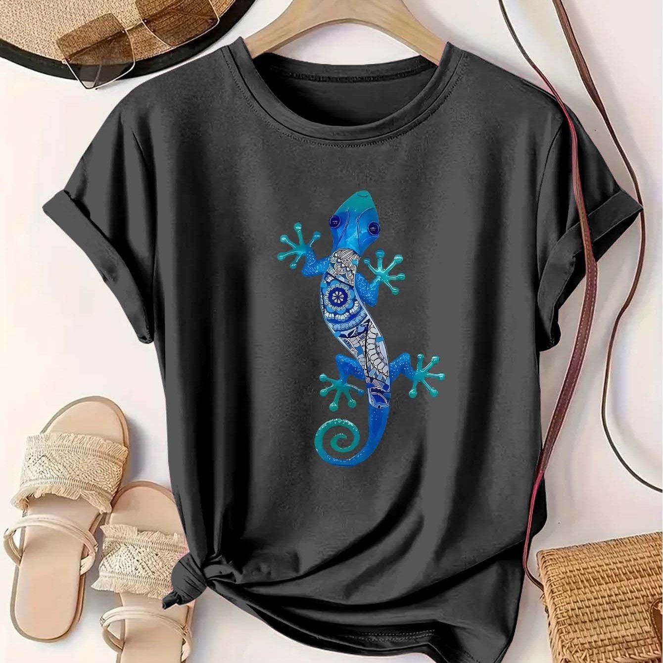 Camiseta de algodón casual para mujer talla grande, negra y azul con estampado de lagarto, comodidad para todas las estaciones
