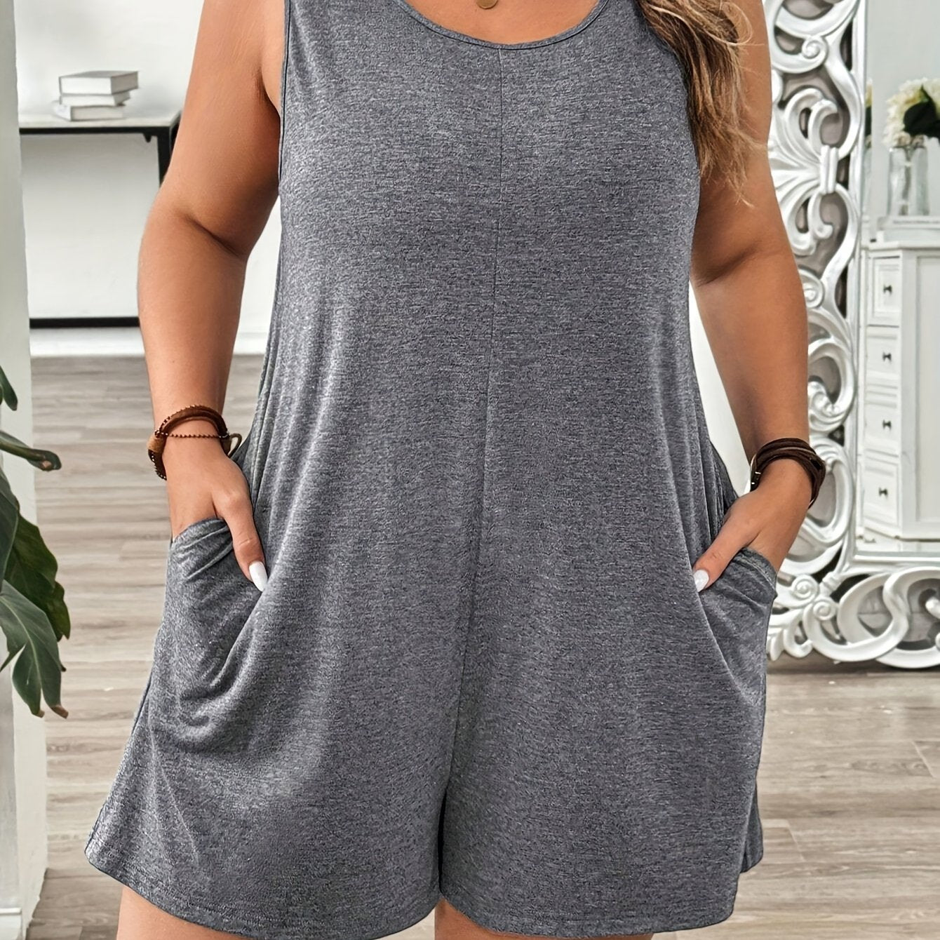 Women’s Plus Size Olive Green Sleeveless Romper Jumpsuit with Pockets