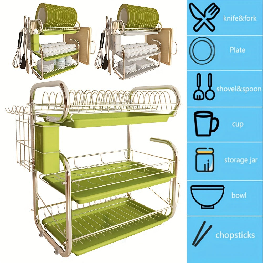 3-Tier Metal Plastic Dish Rack with Cutlery Cup Sink Draining Tray and Cutting Board Holder 50x25x45cm