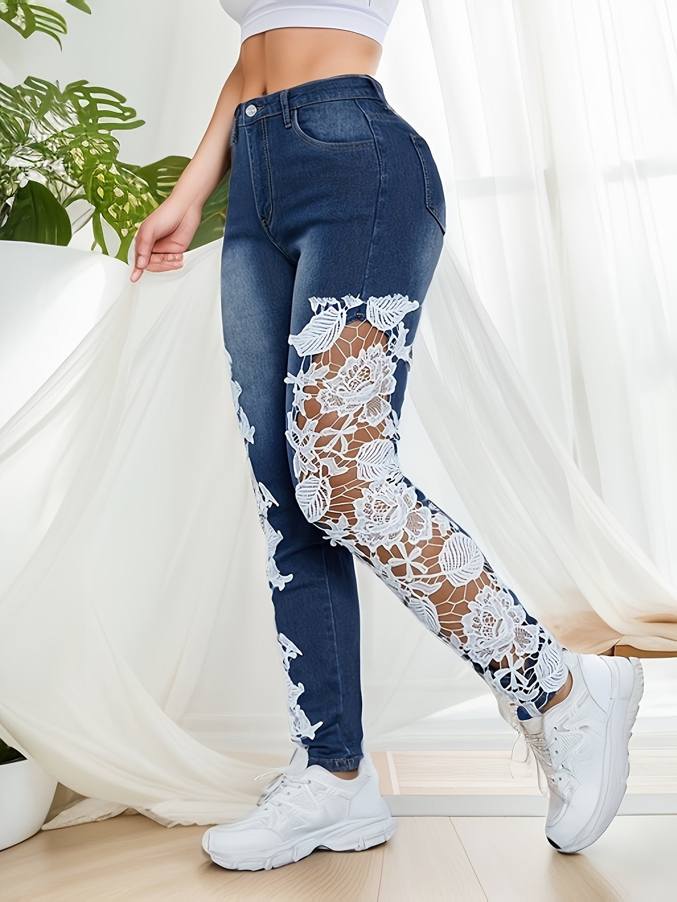 Women's Slim Fit Denim Pants with Lace Contrast Hollow Out Design for Casual Wear