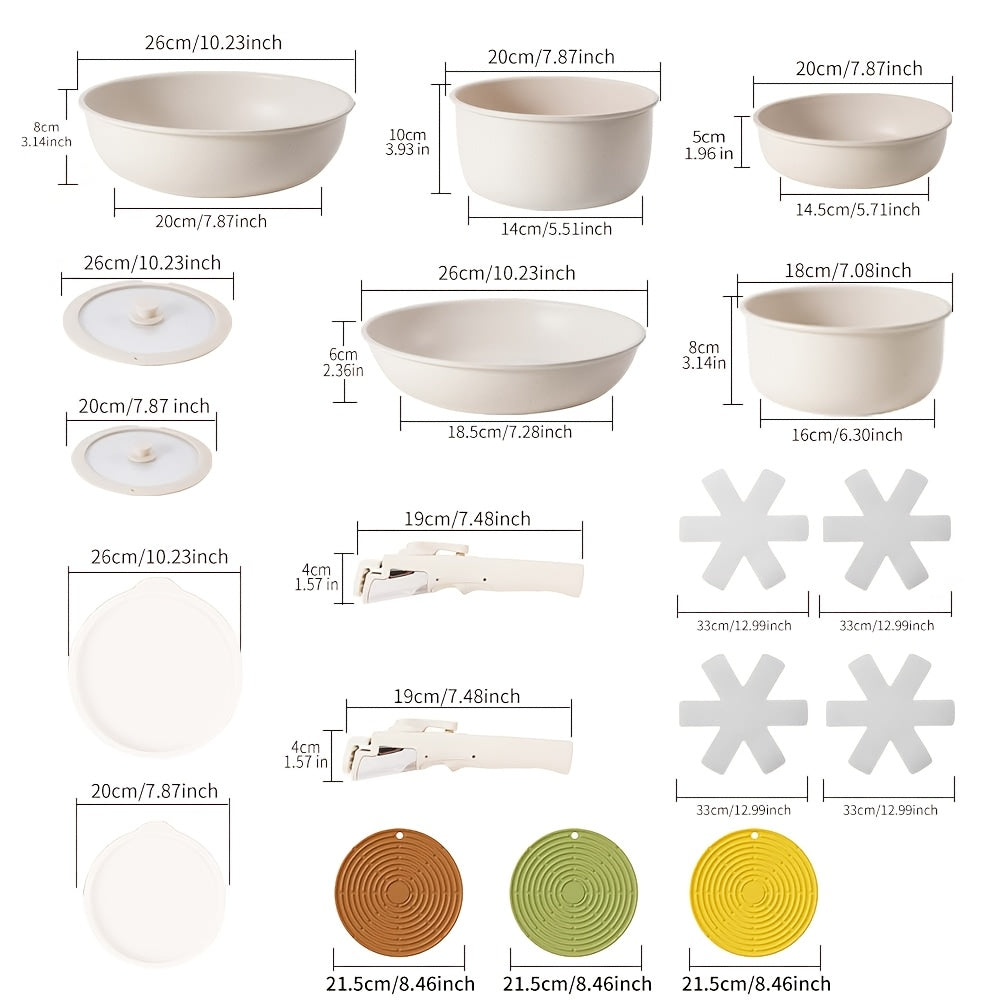 18-Piece Non-Stick Cookware Set with Removable Handles, Brushed Aluminum