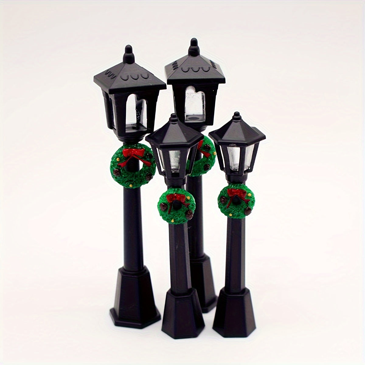 Miniature Christmas Lamp Posts with Wreaths Set of 3 Plastic Seasonal Figurines No Electricity