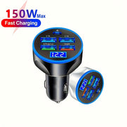 Car Charger 150W Fast Charge 5-in-1 USB Adapter for Phones and Tablets
