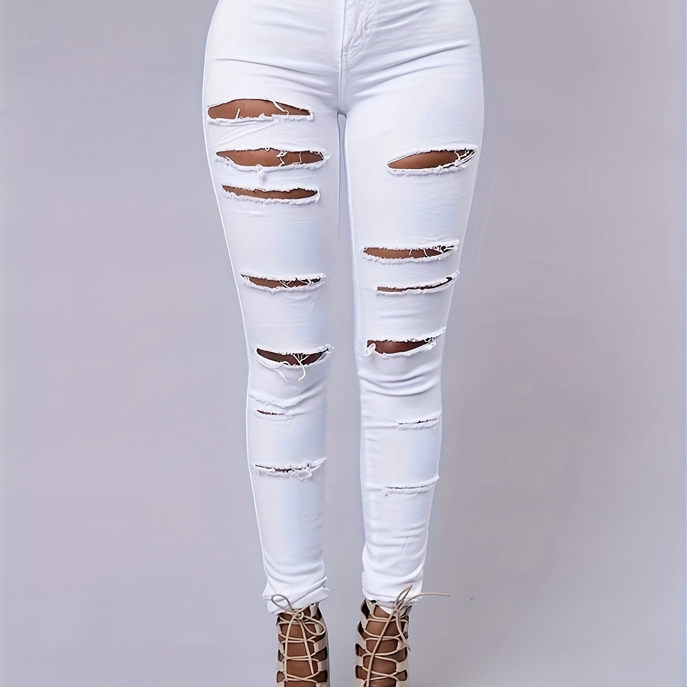 Women's Plus-Size Ripped Skinny Jeans Denim Spandex Street Style Long Length