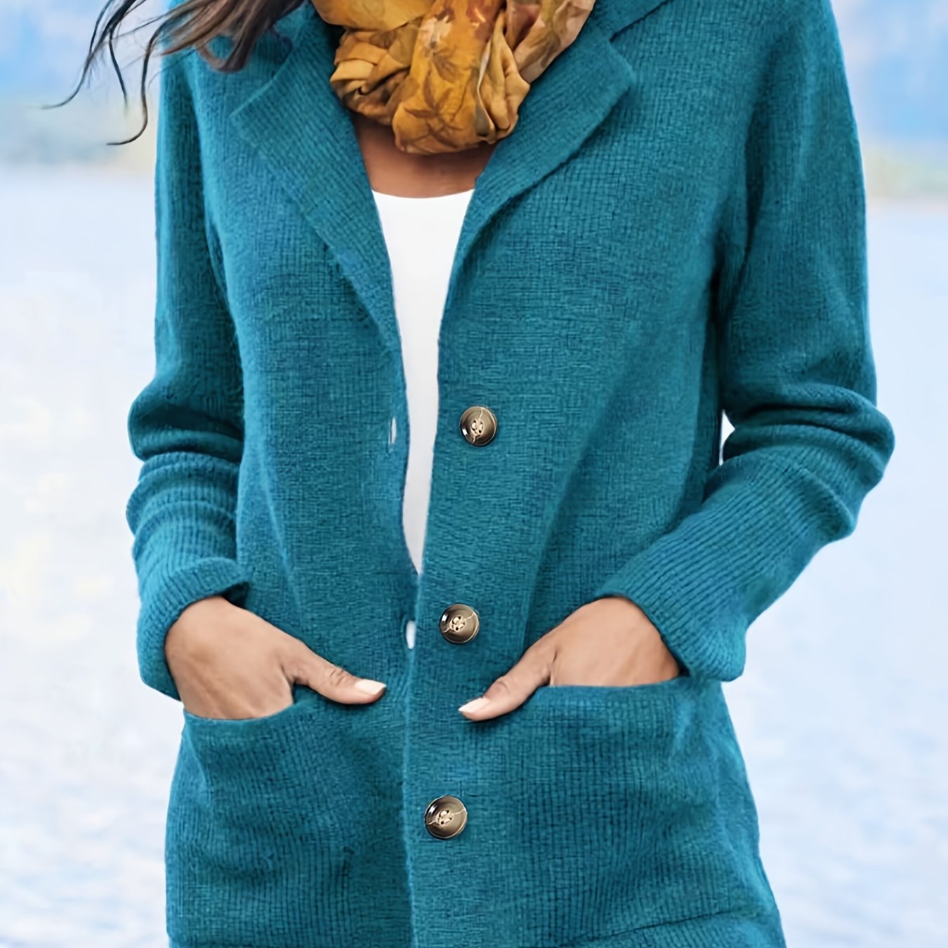 Plus Size Women's Teal Long Sleeve Cardigan with Pockets Winter Casual Outerwear