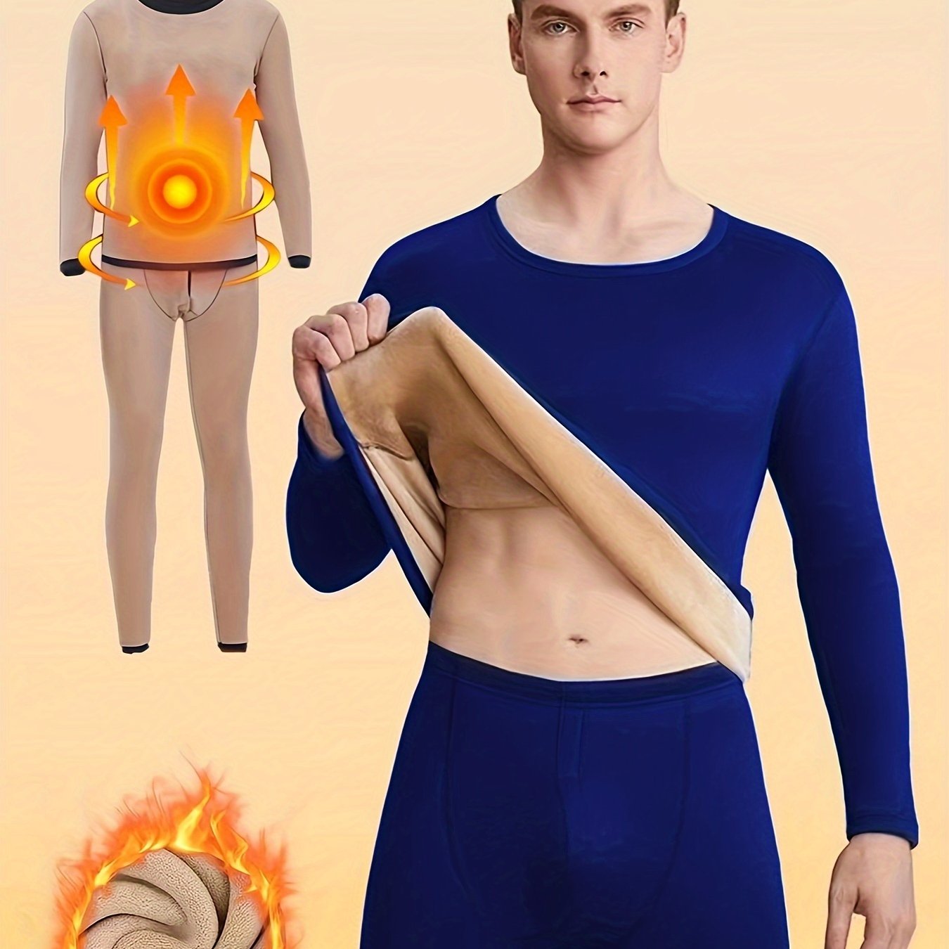 Men's Winter Thermal Underwear Set Fleece-Lined Long Sleeve Crew Neck and Pants