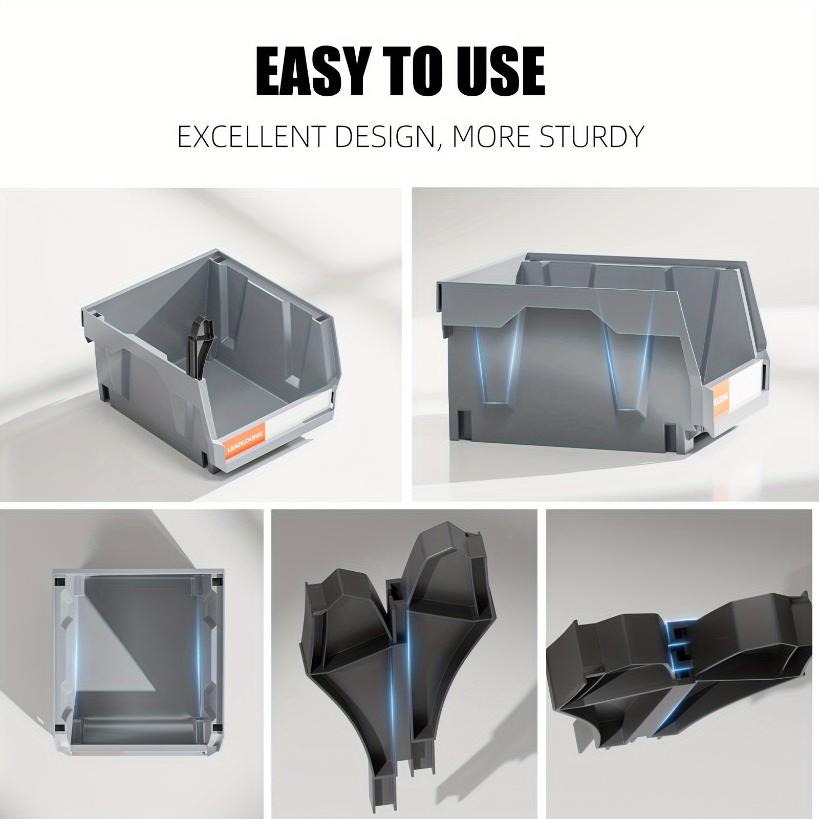 Set of 6 Gray Plastic Storage Bins for Garage Tools and Car Accessories 13.5x10.5x7.6cm