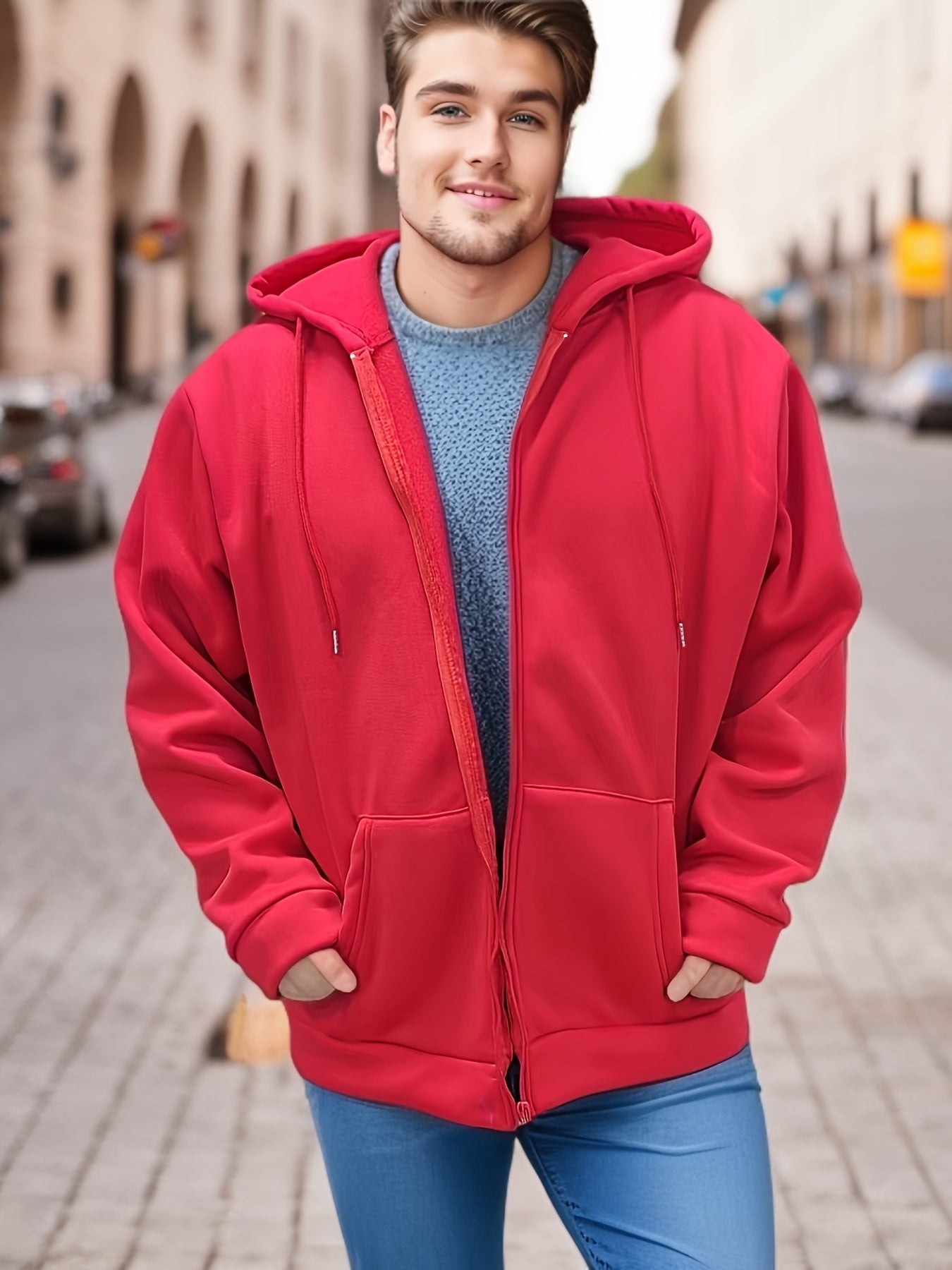 Plus Size Dark Brown Hoodie for Men with Zip-Up Closure Pockets and Polyester Blend