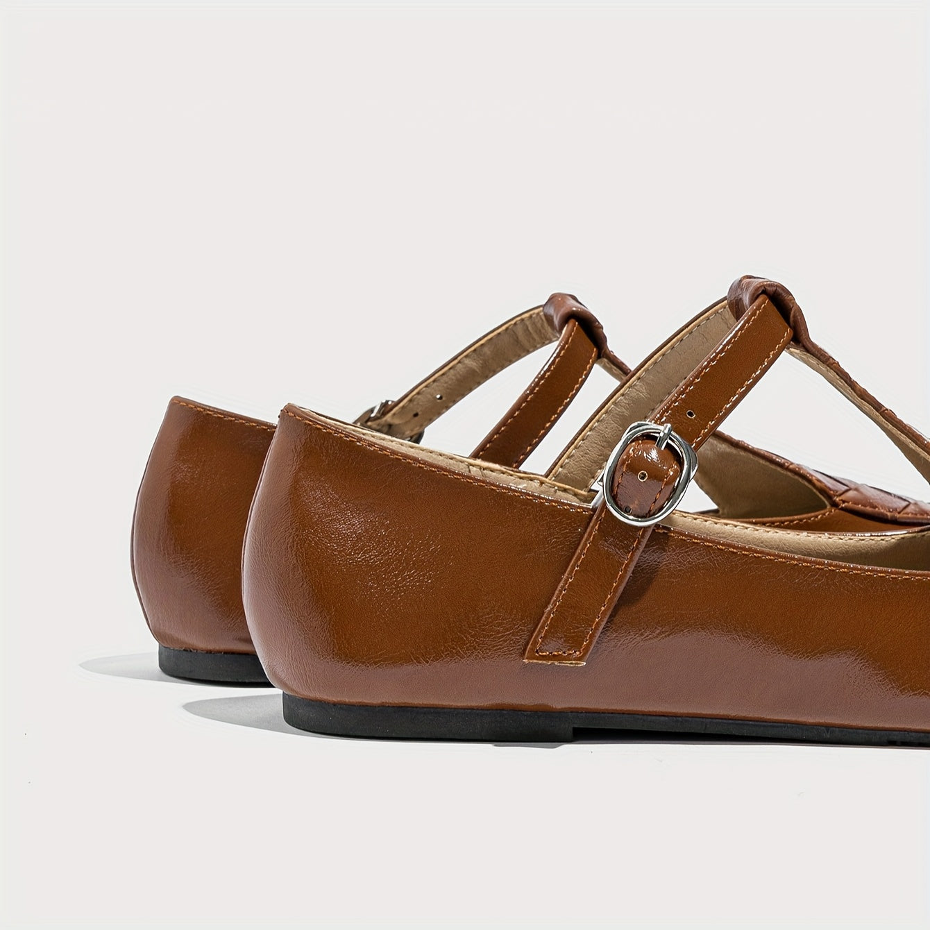 Women Brown Microfiber T-Strap Mary Jane Flats with Low Heel
