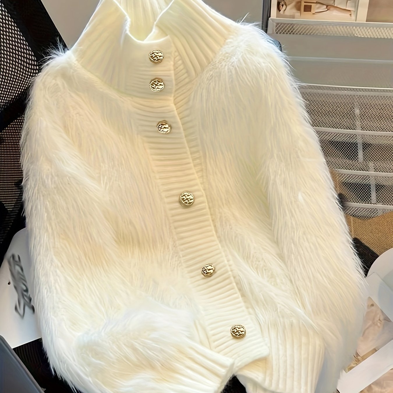 Cárdigan de felpa de talla grande con botones en el frente y manga larga para mujer