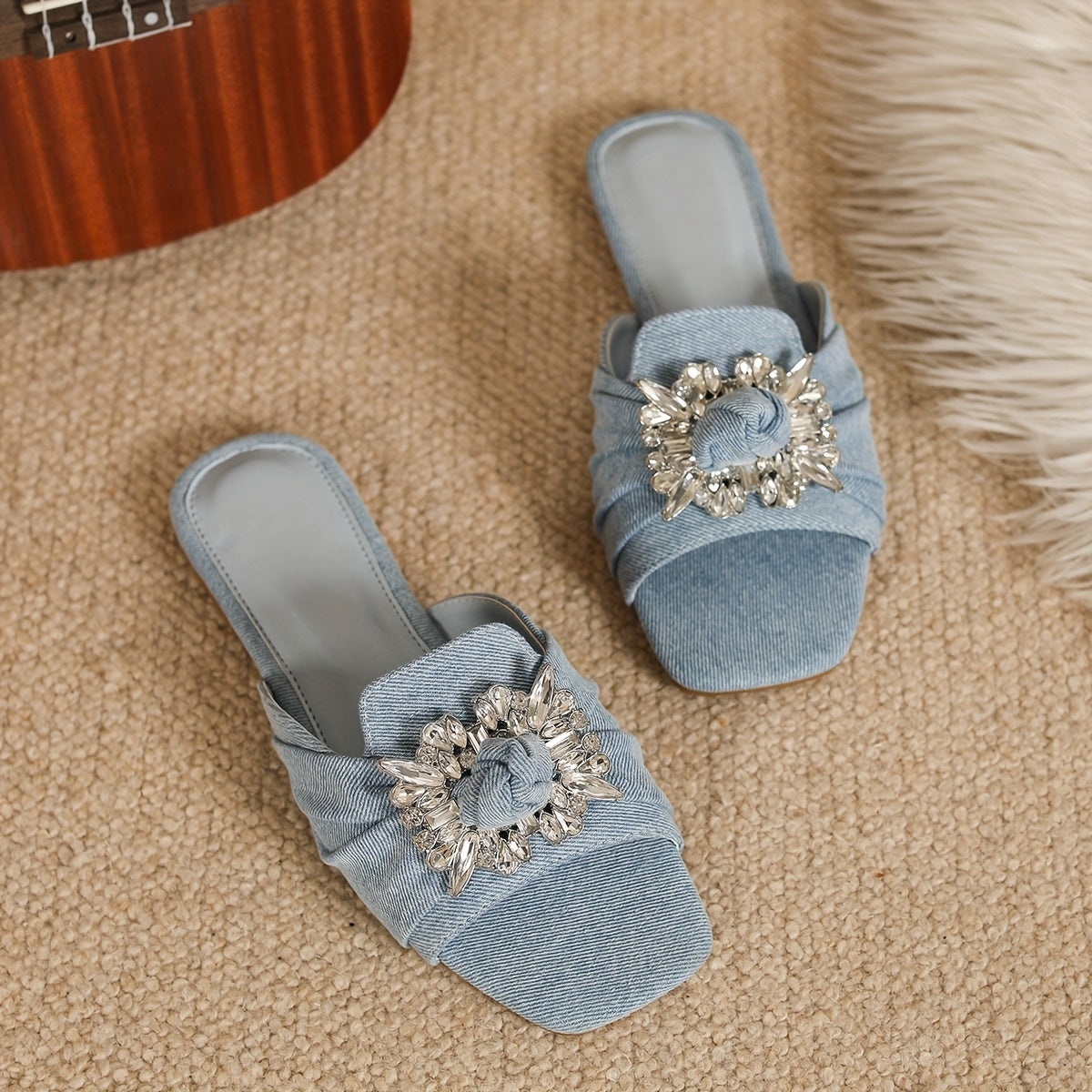 Women's Denim Slip-On Sandals with Rhinestones Square Toe Ankle Strap